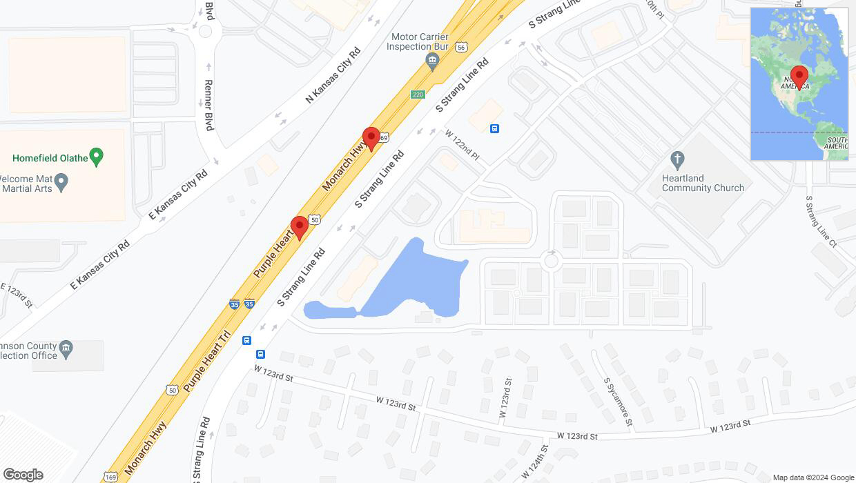 A detailed map that shows the affected road due to 'Broken down vehicle on eastbound I-35 in Olathe' on January 2nd at 11:09 p.m.