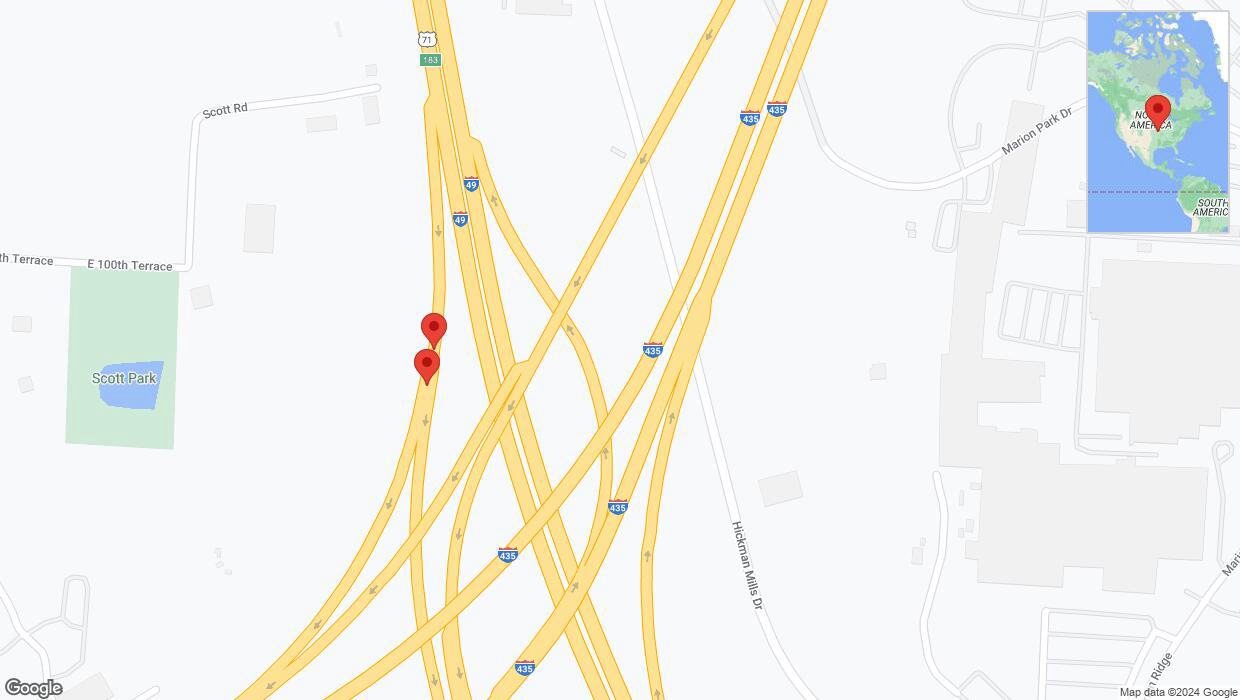 A detailed map that shows the affected road due to 'Broken down vehicle on the U. S. Highway 71 in Kansas City' on January 2nd at 7:49 p.m.