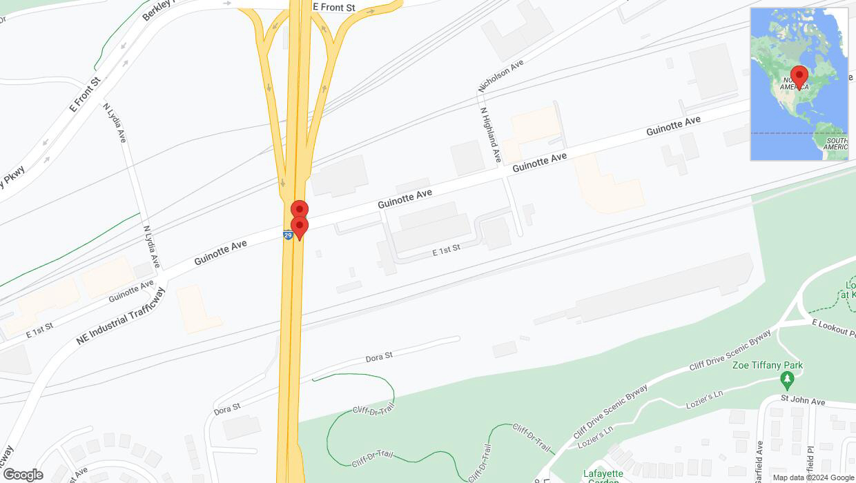 A detailed map that shows the affected road due to 'Broken down vehicle on northbound I-29/I-35 in Kansas City' on January 3rd at 3:53 p.m.