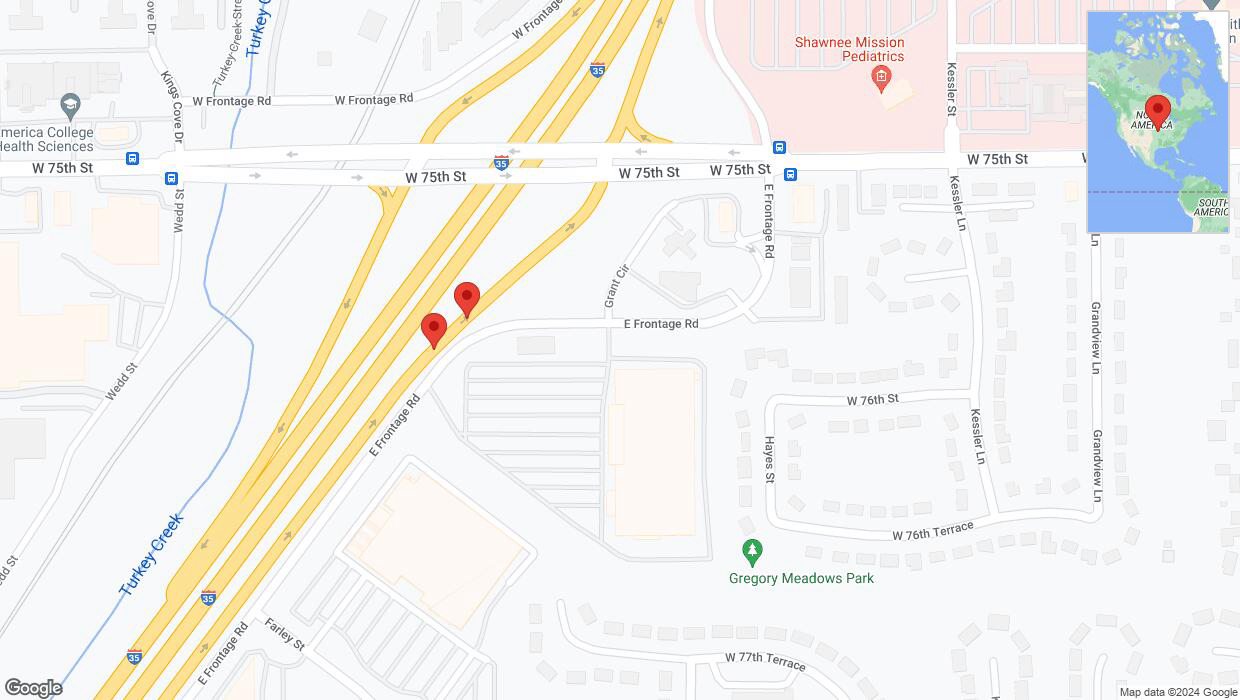 A detailed map that shows the affected road due to 'Broken down vehicle on East Frontage Road in Overland Park' on January 3rd at 5:21 p.m.