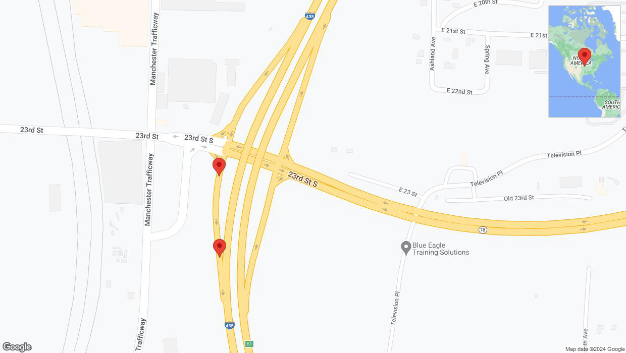 A detailed map that shows the affected road due to 'Broken down vehicle on 23rd Street South in Kansas City' on January 3rd at 6:14 p.m.