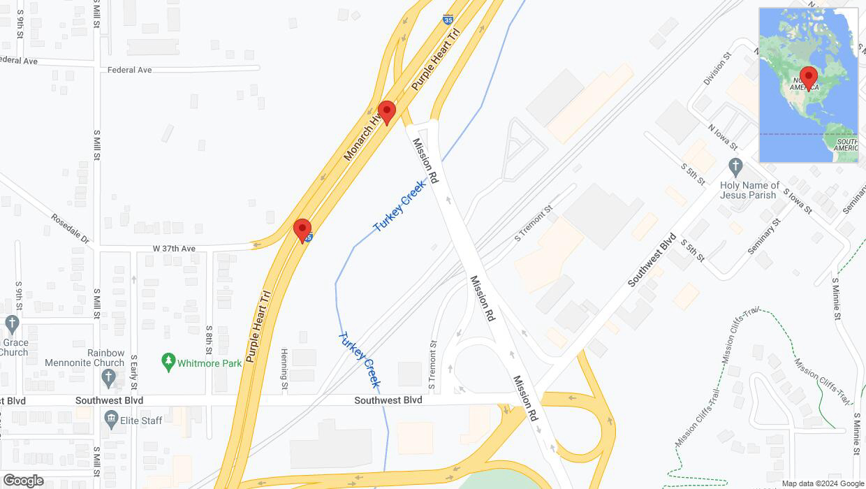 A detailed map that shows the affected road due to 'Broken down vehicle on northbound I-35 in Kansas City' on January 3rd at 7:14 p.m.