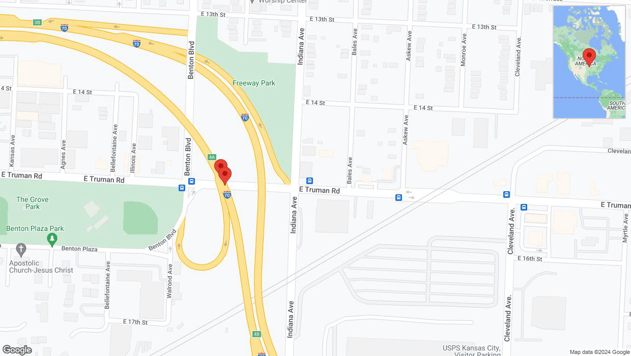 A detailed map that shows the affected road due to 'Broken down vehicle on eastbound I-70 in Kansas City' on January 4th at 1:02 p.m.