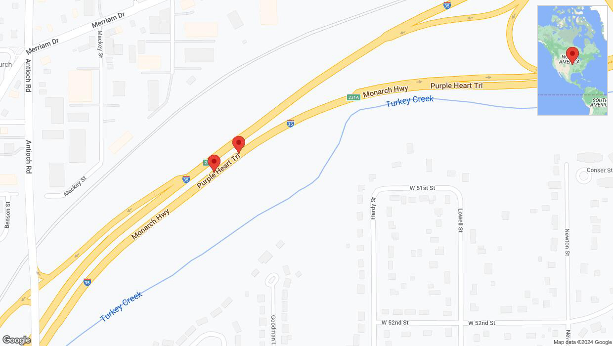 A detailed map that shows the affected road due to 'Broken down vehicle on northbound I-35 in Overland Park' on January 4th at 6:31 p.m.