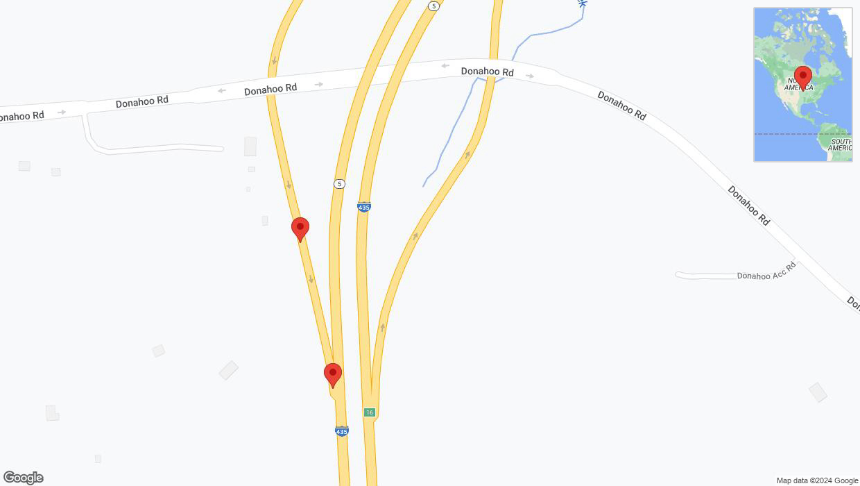A detailed map that shows the affected road due to 'Broken down vehicle on Donahoo Road in Kansas City' on January 4th at 7:53 p.m.