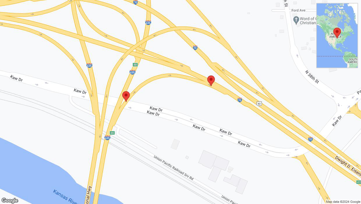 A detailed map that shows the affected road due to 'Broken down vehicle on Kaw Drive Frontage Road in Kansas City' on January 4th at 7:06 p.m.