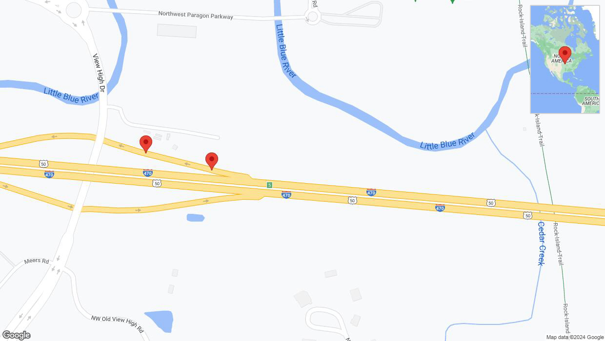 A detailed map that shows the affected road due to 'View High Drive closed in Lee's Summit' on January 4th at 10:03 p.m.
