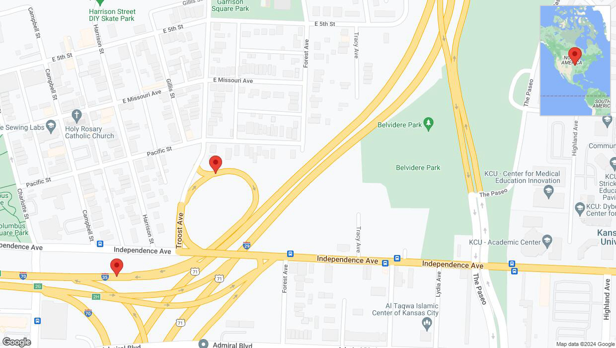A detailed map that shows the affected road due to 'US-24 West closed in Kansas City' on January 5th at 12:26 p.m.