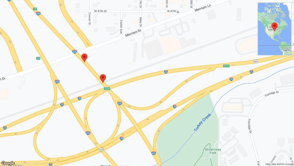 A detailed map that shows the affected road due to 'Broken down vehicle on northbound I-635 in Overland Park' on January 5th at 2:15 p.m.