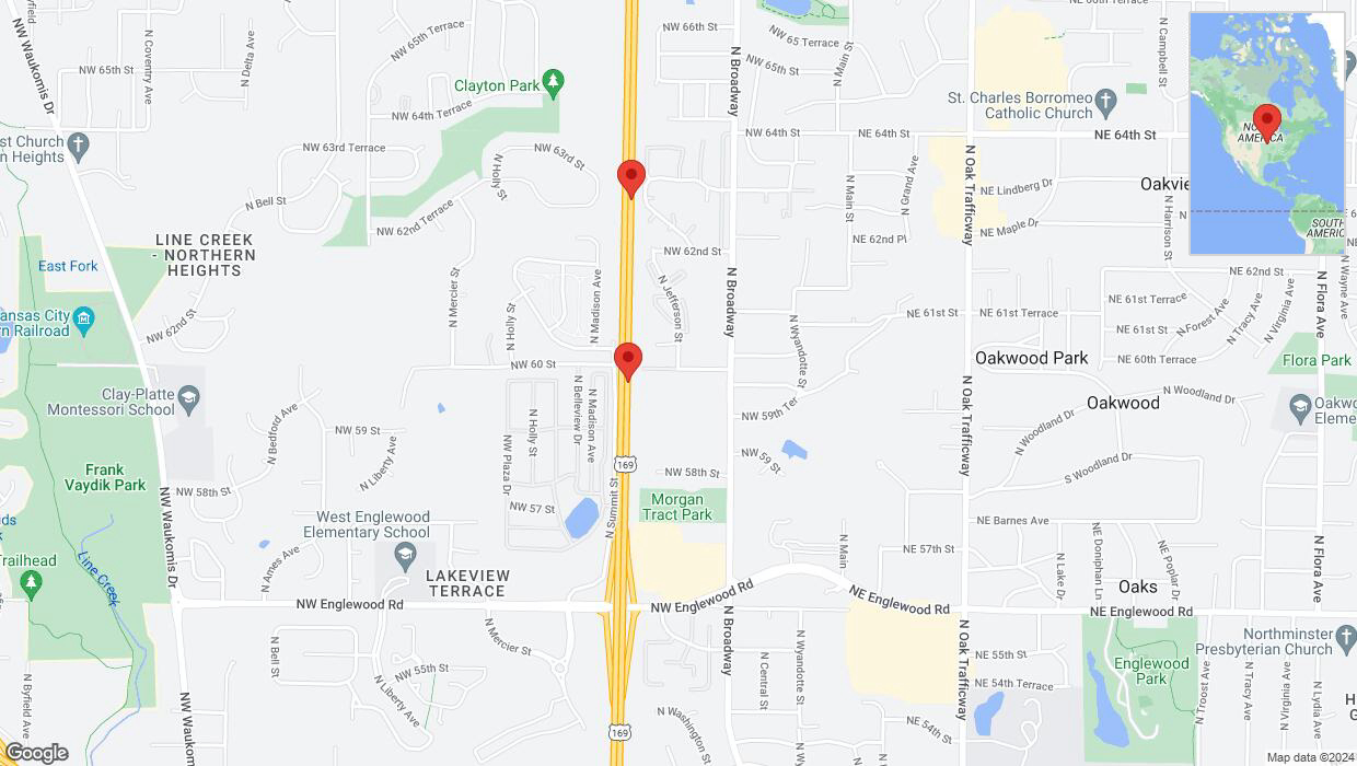 A detailed map that shows the affected road due to 'Broken down vehicle on northbound US-169 in Kansas City' on January 5th at 5 p.m.