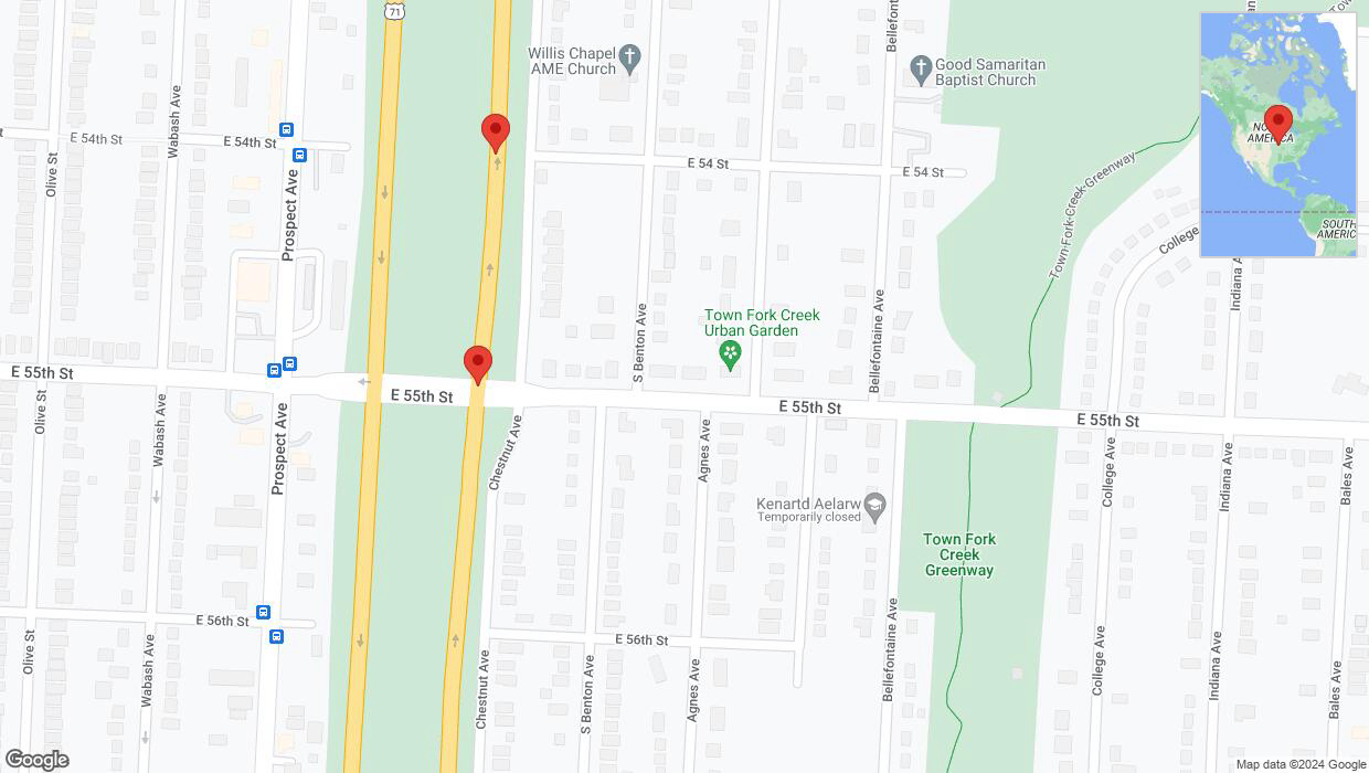 A detailed map that shows the affected road due to 'Broken down vehicle on northbound the Bruce R Watkins Expressway/US-71 in Kansas City' on January 5th at 10:50 p.m.