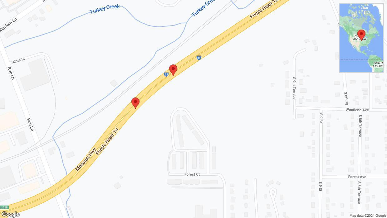 A detailed map that shows the affected road due to 'Broken down vehicle on northbound I-35 in Kansas City' on January 6th at 3:35 p.m.