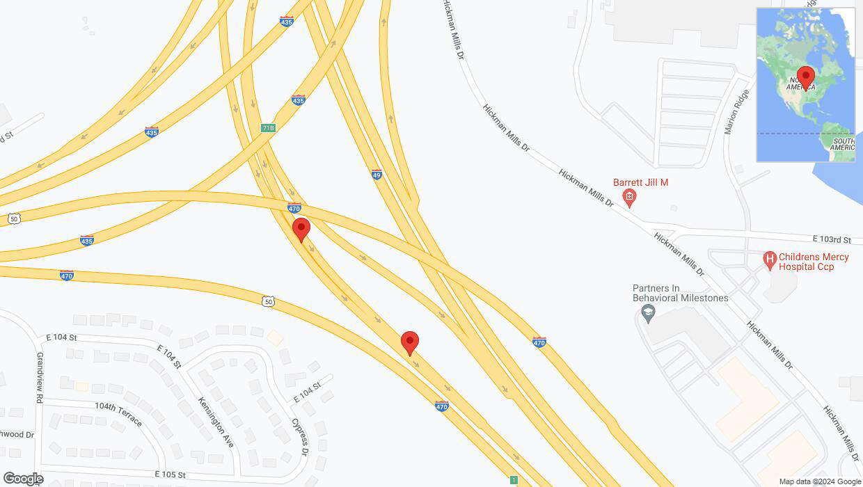 A detailed map that shows the affected road due to 'Broken down vehicle on East 104 Street in Kansas City' on January 6th at 5:51 p.m.