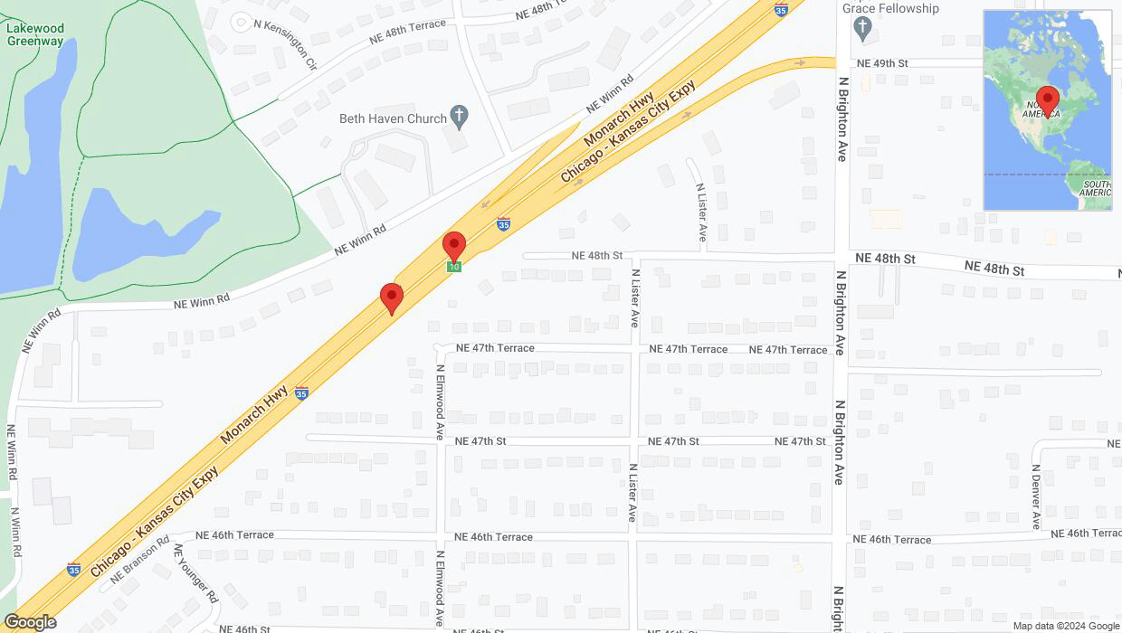 A detailed map that shows the affected road due to 'Broken down vehicle on northbound I-35 in Kansas City' on January 6th at 8:32 p.m.