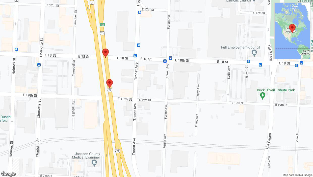 A detailed map that shows the affected road due to 'Broken down vehicle on northbound US-71 in Kansas City' on January 7th at 5:33 p.m.