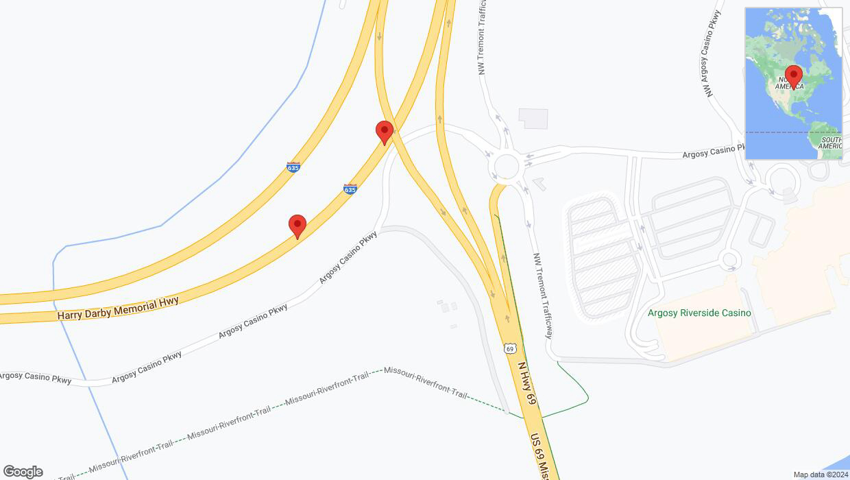A detailed map that shows the affected road due to 'Broken down vehicle on northbound I-635 in Riverside' on January 7th at 6:15 p.m.
