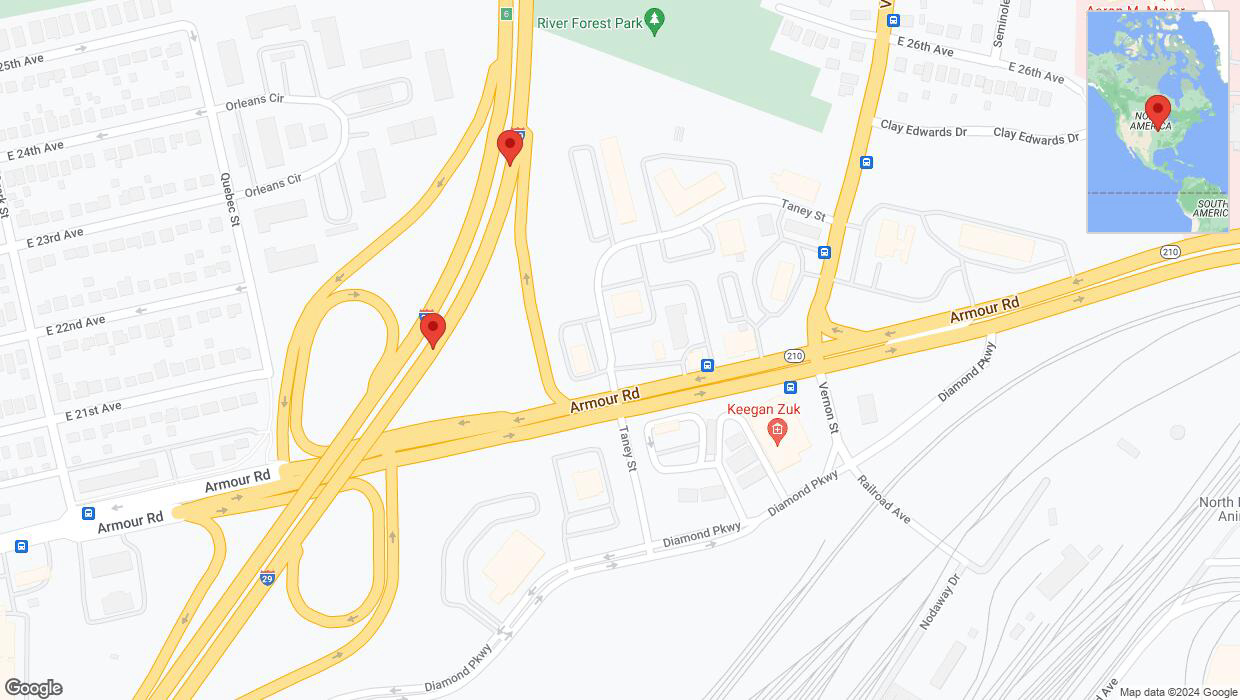 A detailed map that shows the affected road due to 'I-29/I-35 Richtung MO-210/Armour Road/Exit 6' on January 8th at 6:28 p.m.