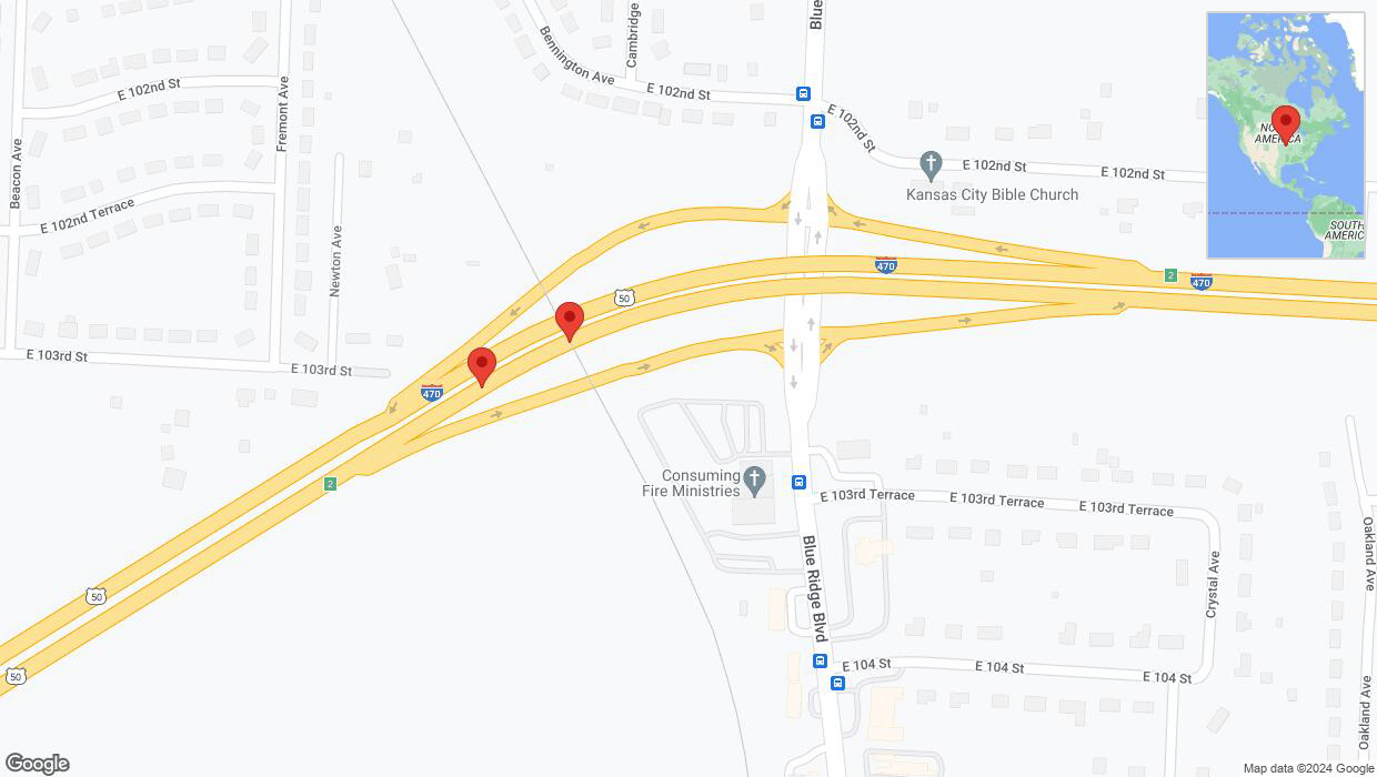 A detailed map that shows the affected road due to 'I-470 Richtung Blue Ridge Boulevard/Exit 1' on January 9th at 7:35 a.m.