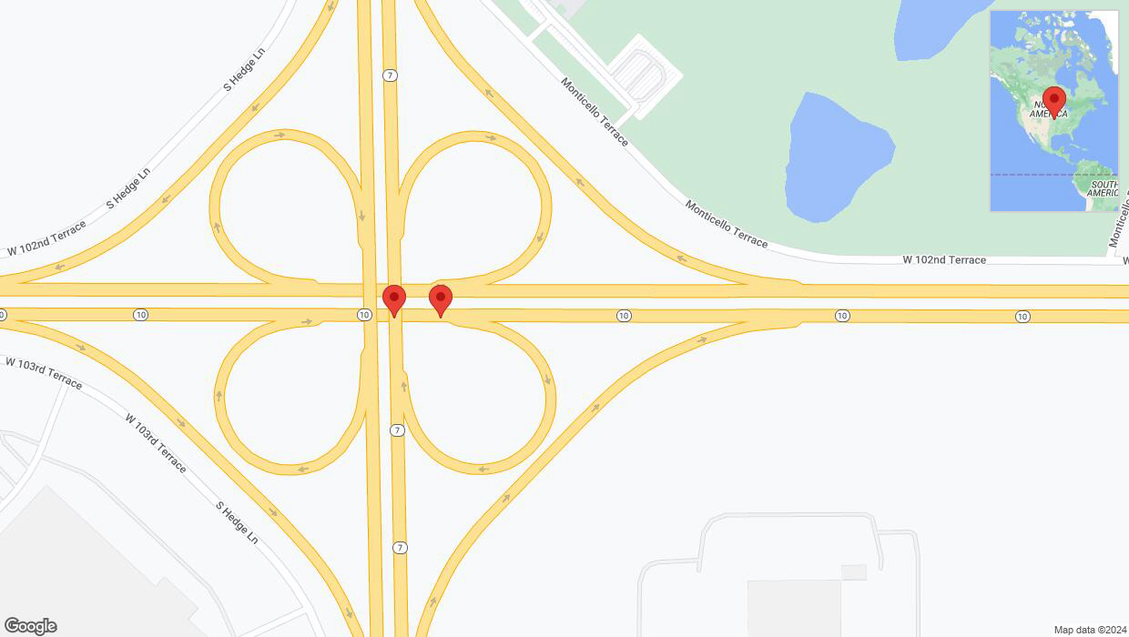 A detailed map that shows the affected road due to 'Broken down vehicle on eastbound K-10 in Lenexa' on April 19th at 6:58 p.m.