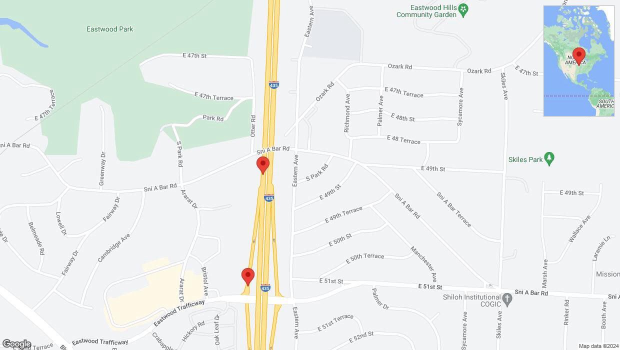 A detailed map that shows the affected road due to 'Sni a Bar Road temporarily closed in Kansas City' on May 3rd at 4:46 p.m.