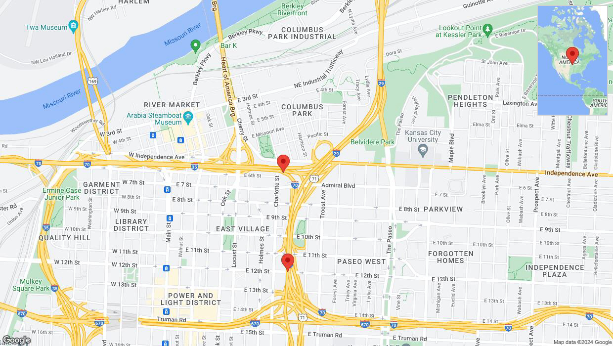 A detailed map that shows the affected road due to 'Heavy rain prompts traffic advisory on eastbound I-70 in Kansas City' on May 5th at 1:05 p.m.