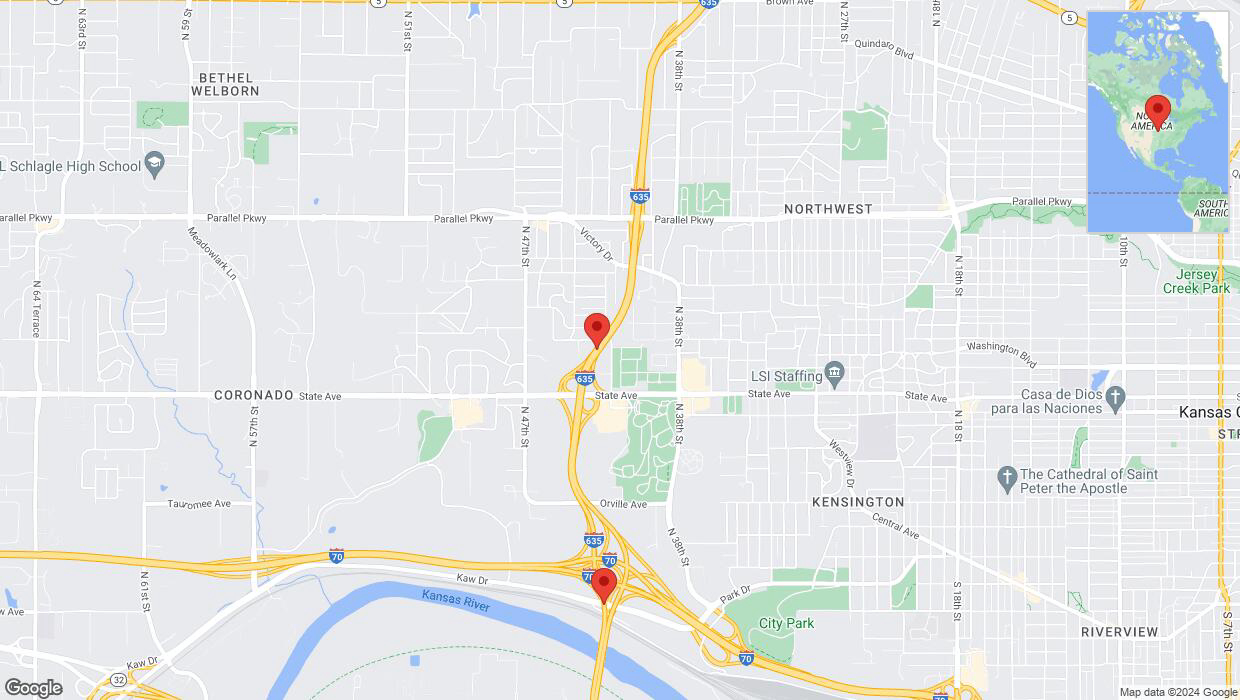 A detailed map that shows the affected road due to 'Lane on I-635 closed in Kansas City' on May 7th at 11:09 p.m.