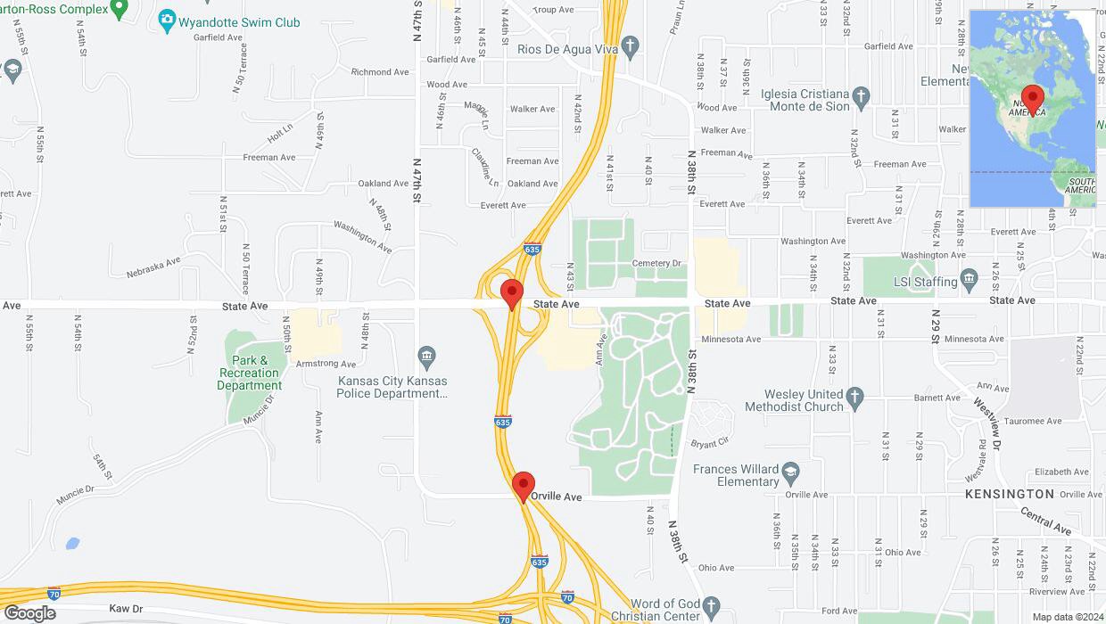A detailed map that shows the affected road due to 'Lane on I-635 closed in Kansas City' on May 8th at 10:08 p.m.