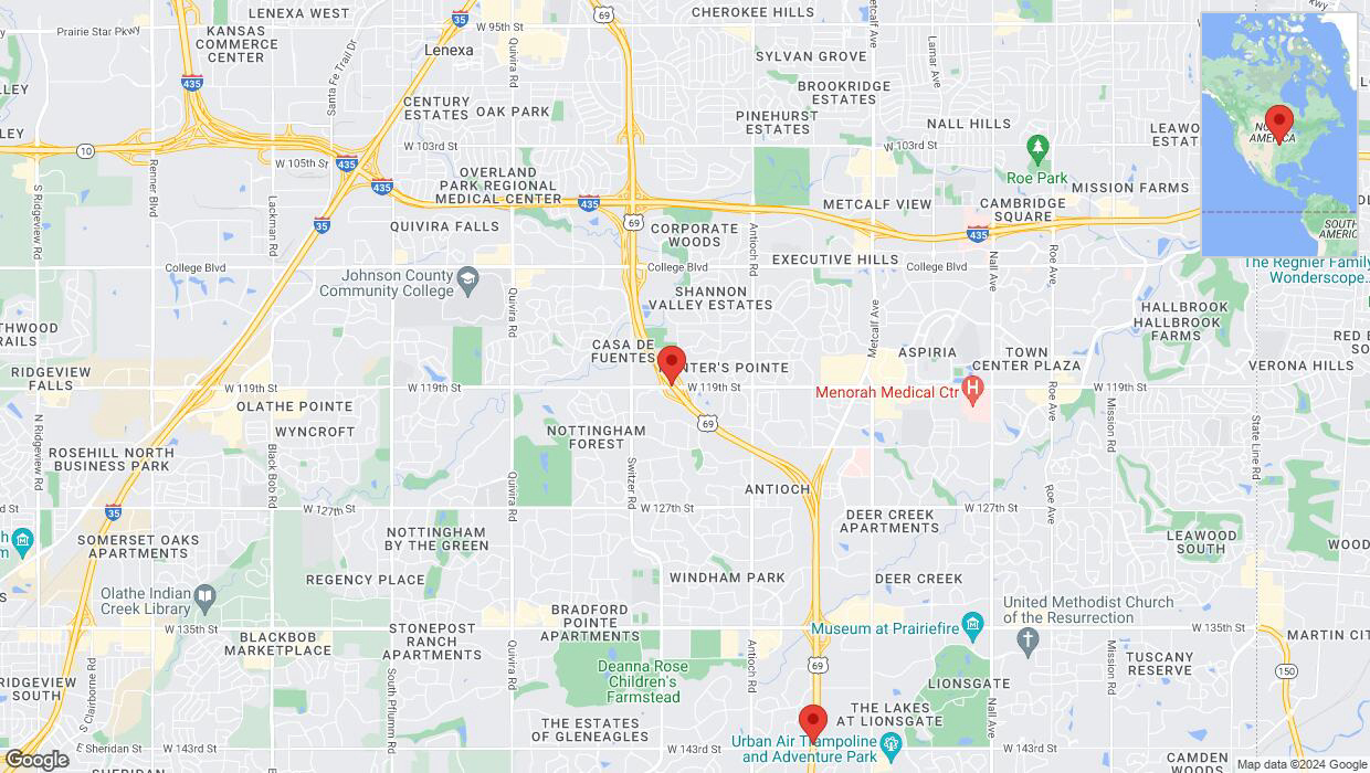 A detailed map that shows the affected road due to 'Lane on US-69 closed in Overland Park' on May 10th at 6:17 p.m.