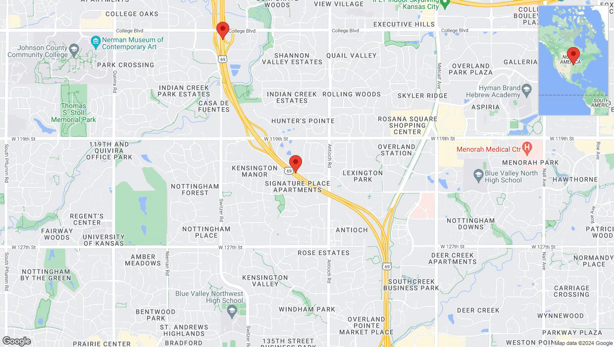 A detailed map that shows the affected road due to 'Lane on US-69 closed in Overland Park' on May 10th at 11:18 p.m.