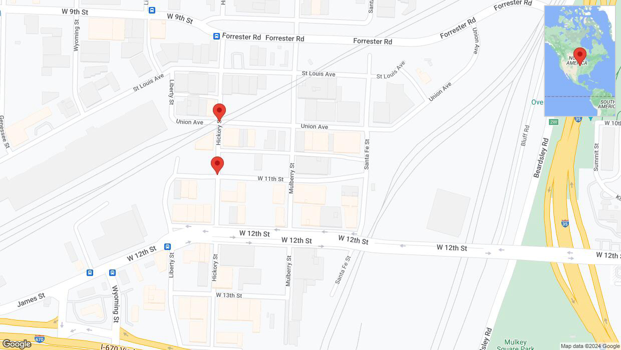 A detailed map that shows the affected road due to 'Hickory Street temporarily closed in Kansas City' on May 11th at 1:46 p.m.
