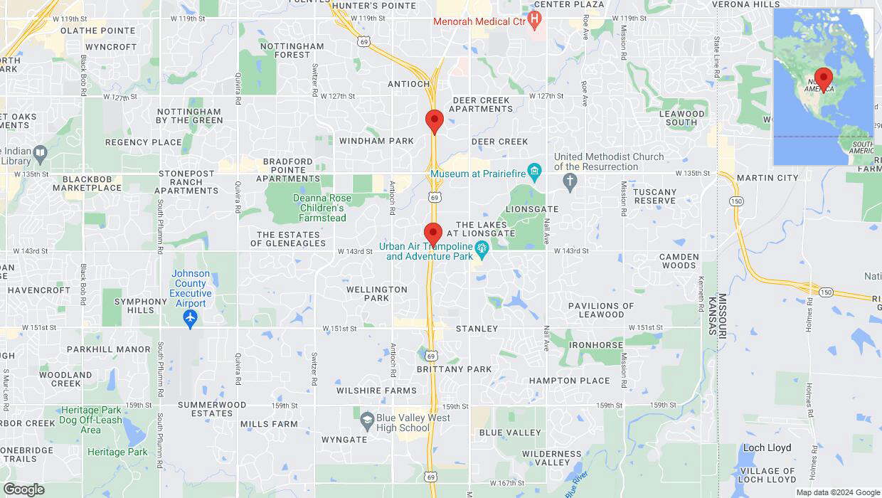 A detailed map that shows the affected road due to 'Lane on US-69 closed in Overland Park' on May 17th at 4 p.m.