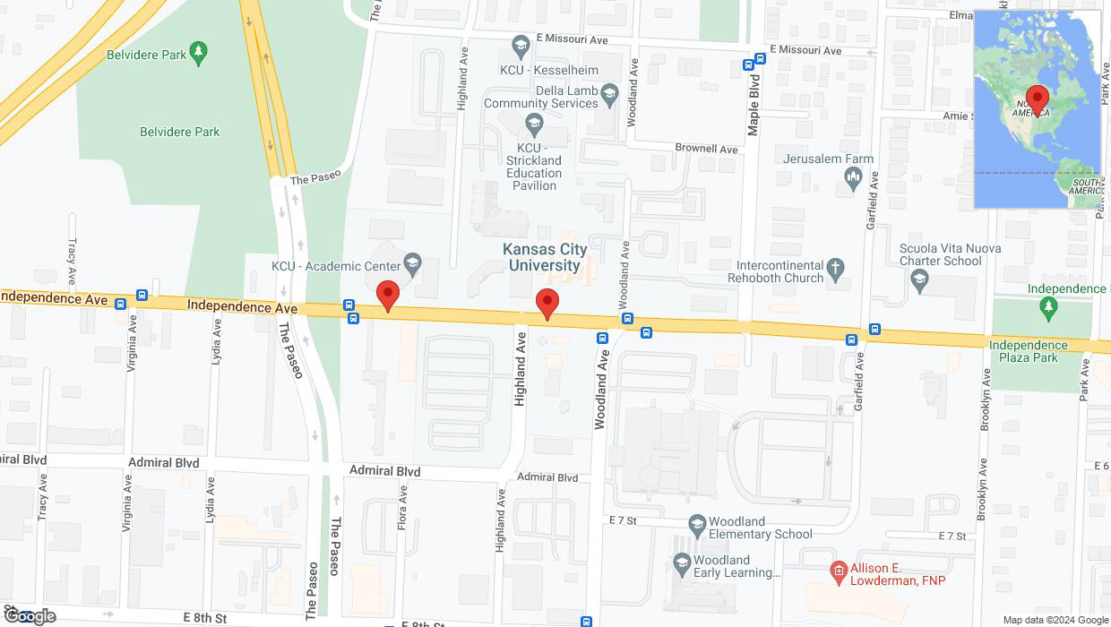 A detailed map that shows the affected road due to 'Independence Avenue/US-24 closed in Kansas City' on May 16th at 8:58 p.m.