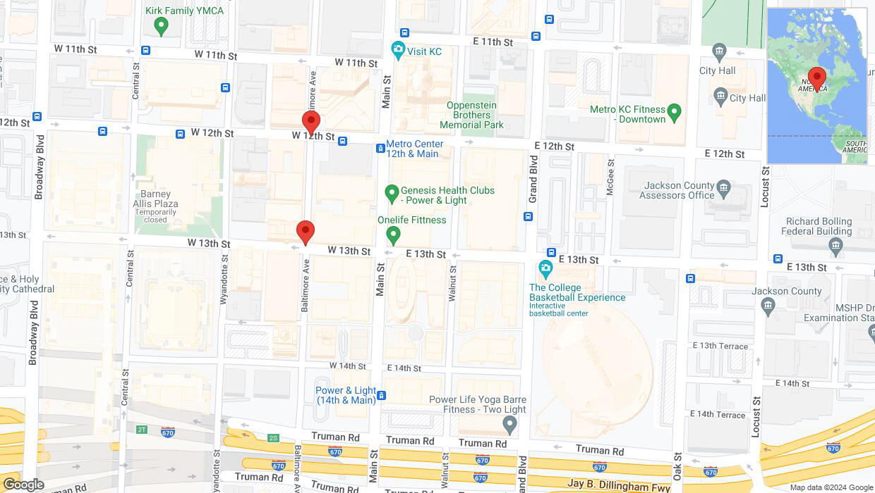 A detailed map that shows the affected road due to 'Baltimore Avenue temporarily closed in Kansas City' on May 14th at 1 p.m.