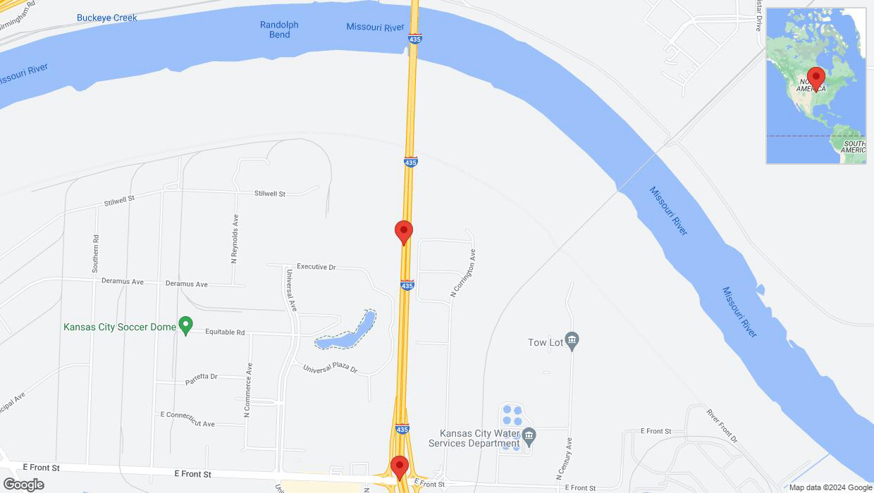 A detailed map that shows the affected road due to 'Drivers cautioned as heavy rain triggers traffic concerns on southbound I-435 in Kansas City' on May 15th at 1:07 p.m.