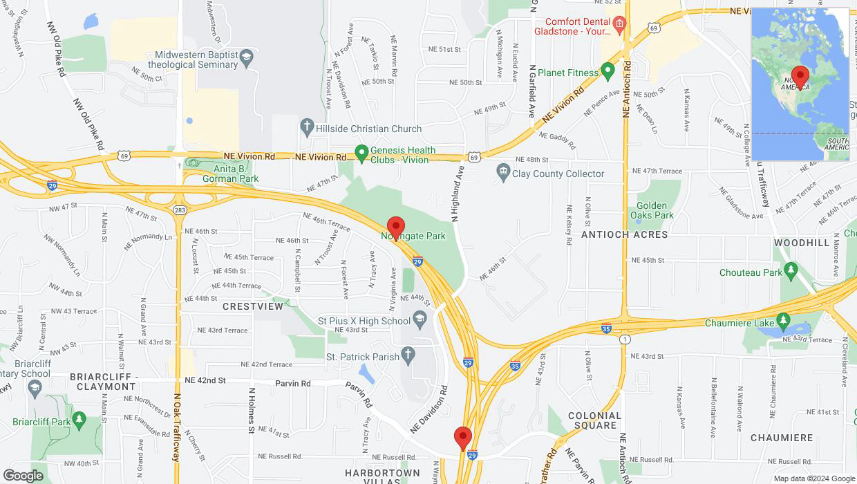 A detailed map that shows the affected road due to 'Drivers cautioned as heavy rain triggers traffic concerns on southbound I-29 in Kansas City' on May 15th at 1:43 p.m.