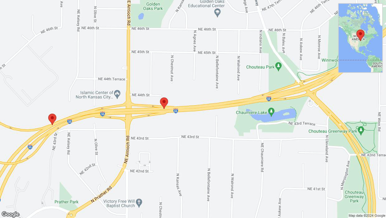 A detailed map that shows the affected road due to 'Traffic alert issued due to heavy rain conditions on southbound I-35 in Kansas City' on May 15th at 1:55 p.m.