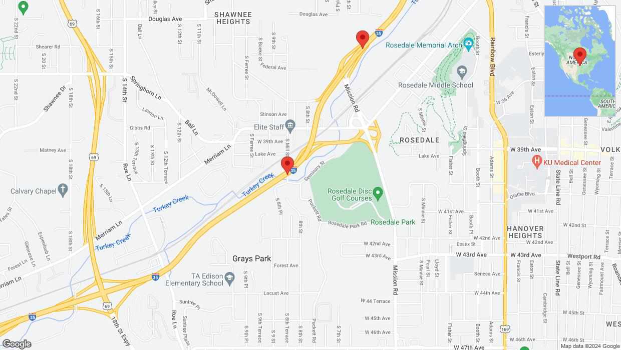 A detailed map that shows the affected road due to 'Crash reported on northbound I-35 in Kansas City' on May 15th at 2:36 p.m.