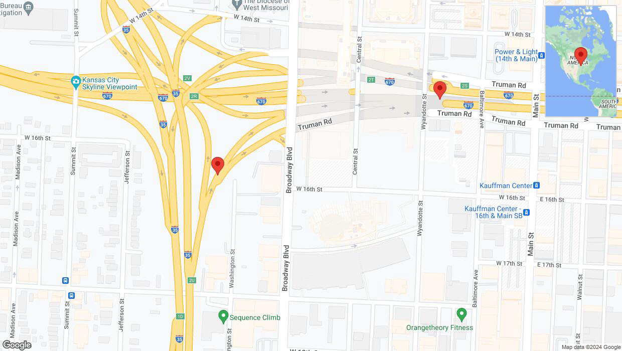 A detailed map that shows the affected road due to 'Traffic alert issued due to heavy rain conditions on Washington Street in Kansas City' on May 15th at 2:48 p.m.
