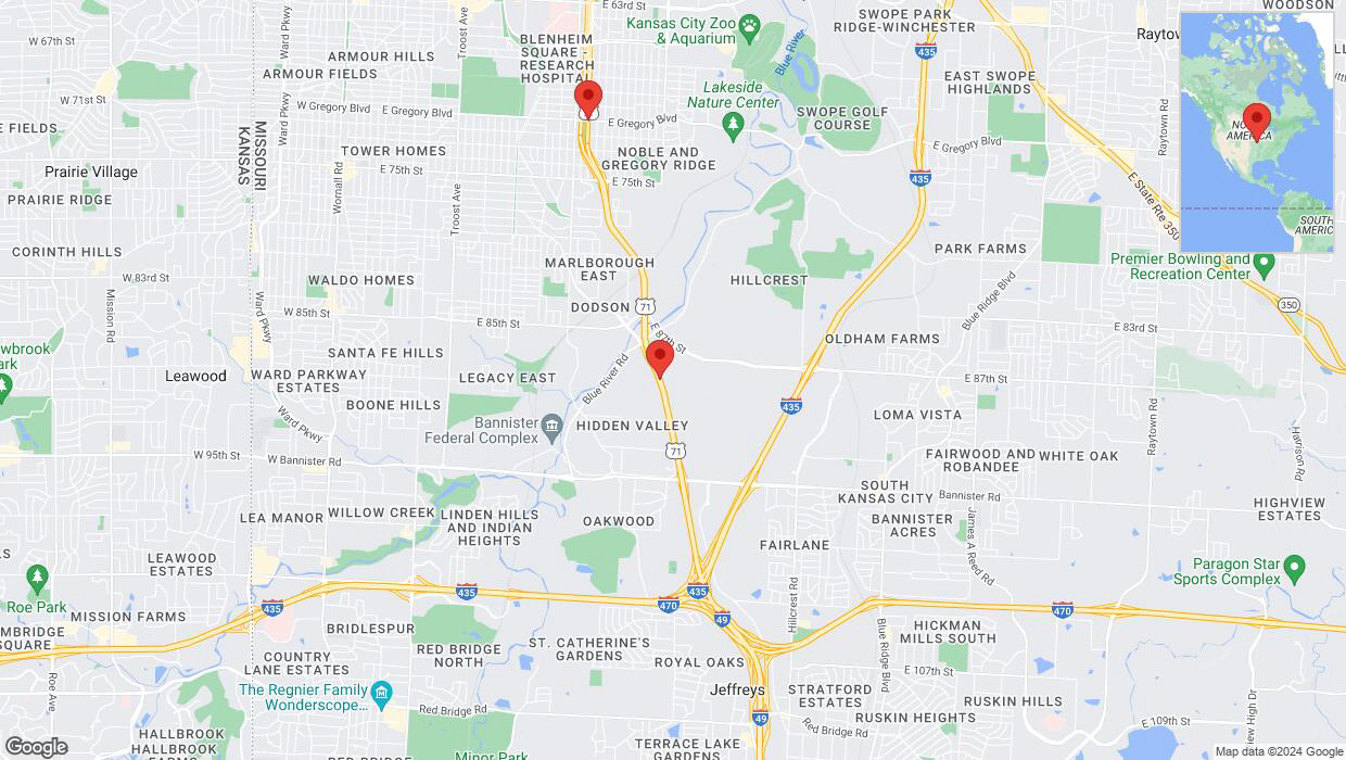 A detailed map that shows the affected road due to 'Kansas City: US-71 North temporarily closed' on May 15th at 3:53 p.m.
