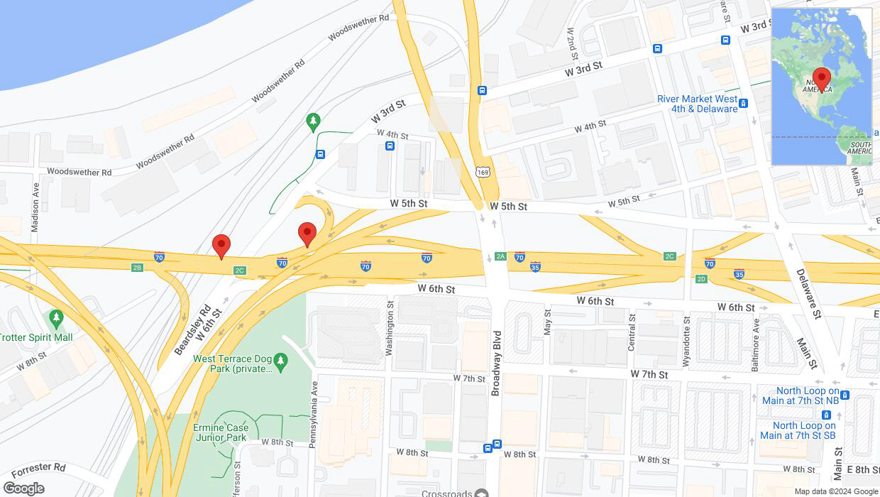 A detailed map that shows the affected road due to 'US-169 South: bridge closed between West Fifth Street and I-70 West' on May 16th at 2:56 p.m.