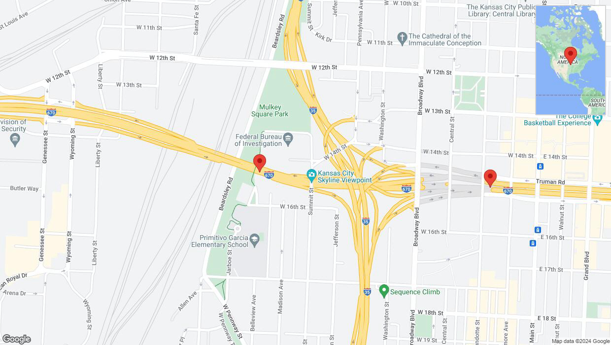 A detailed map that shows the affected road due to 'I-670: tunnel closed eastbound between Wyoming Street/Genesee St/Exit 1B (WB) and I-35/Exit 2T' on May 17th at 9:47 p.m.