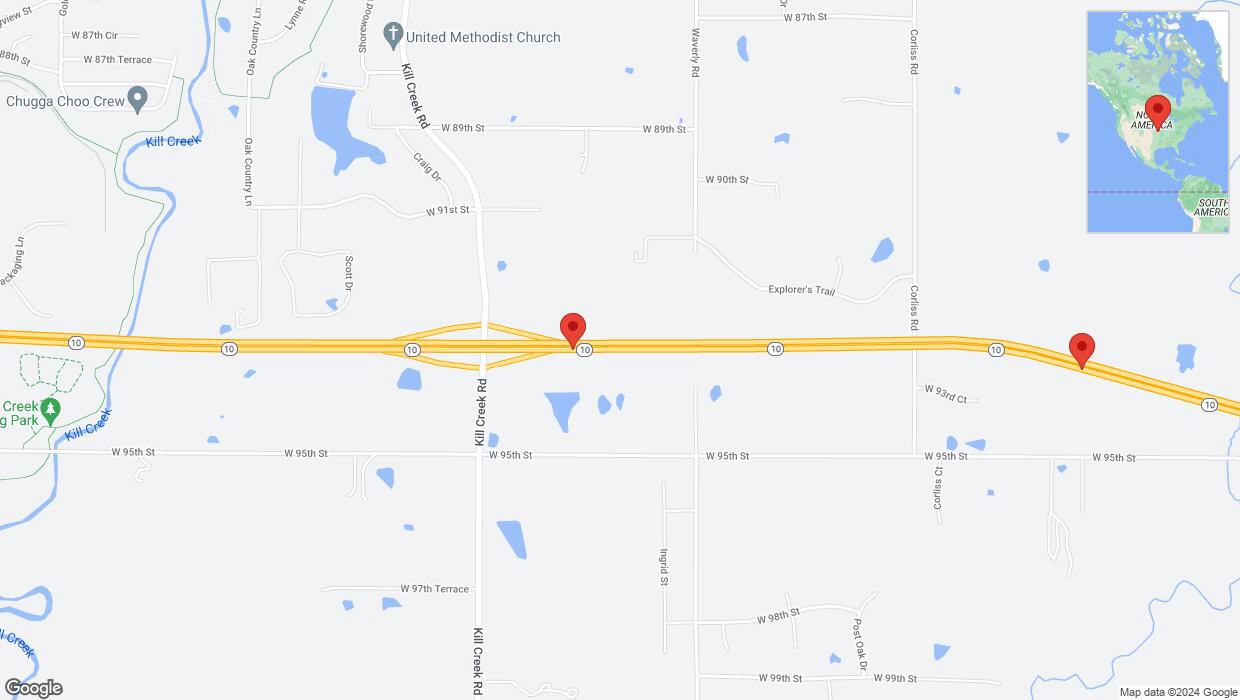 A detailed map that shows the affected road due to 'Traffic alert issued due to heavy rain conditions on eastbound K-10 in De Soto' on May 19th at 10:35 p.m.