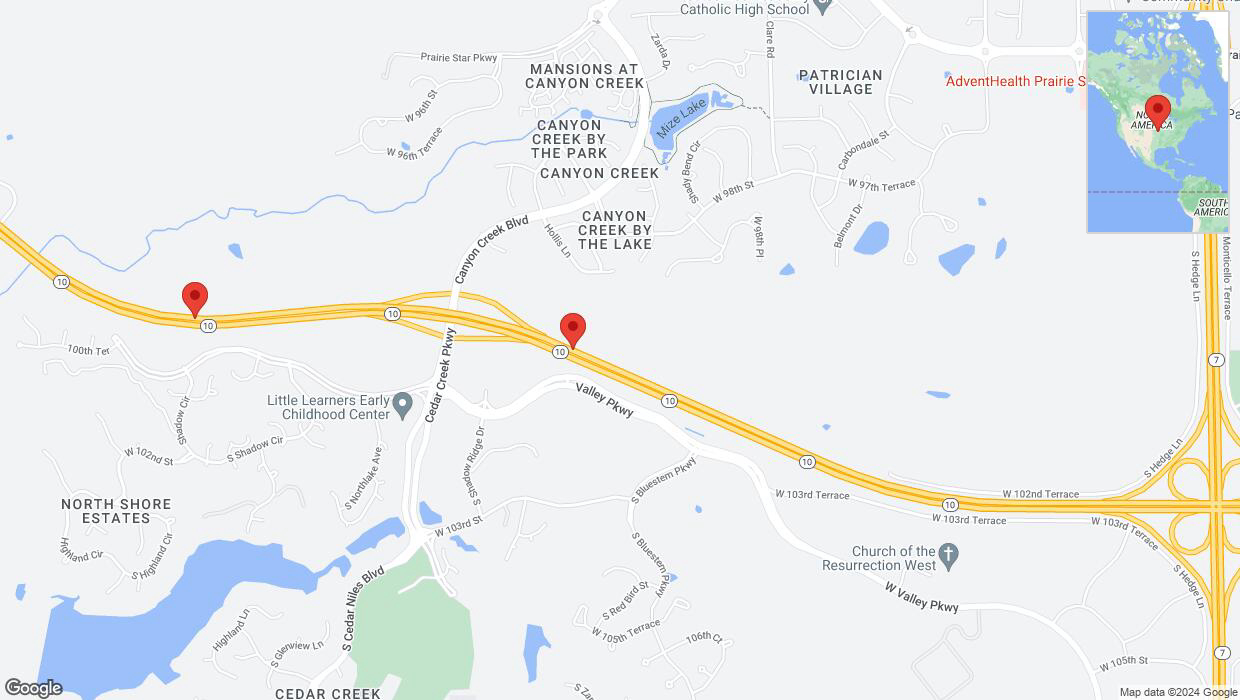 A detailed map that shows the affected road due to 'Heavy rain prompts traffic advisory on westbound K-10 in Lenexa' on May 19th at 10:35 p.m.