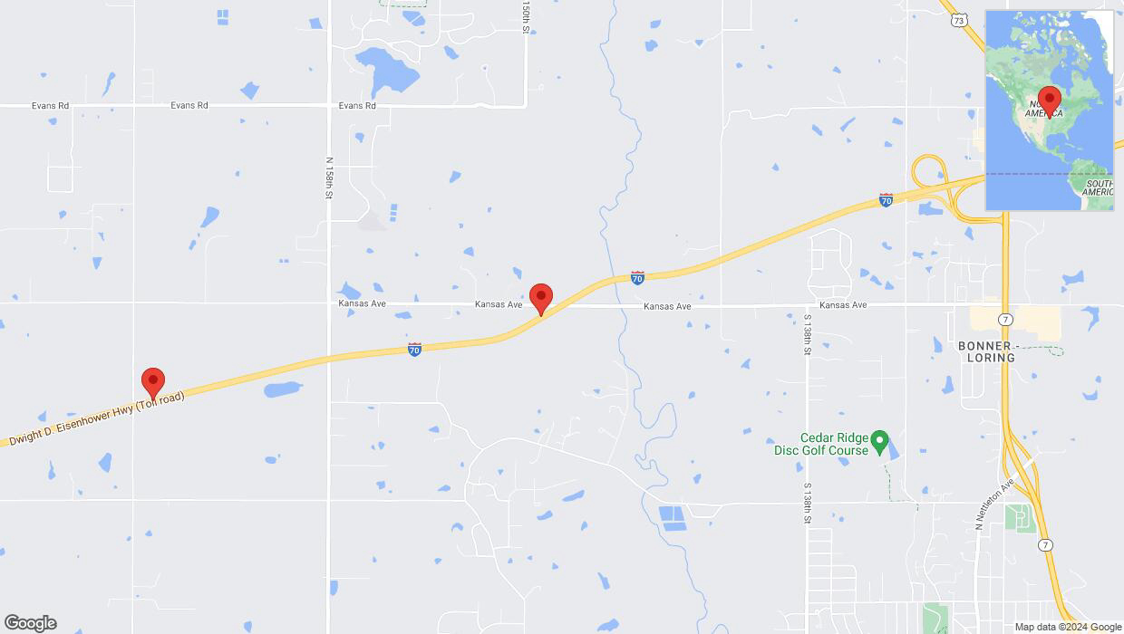 A detailed map that shows the affected road due to 'Heavy rain prompts traffic advisory on westbound I-70 in Basehor' on May 19th at 10:42 p.m.