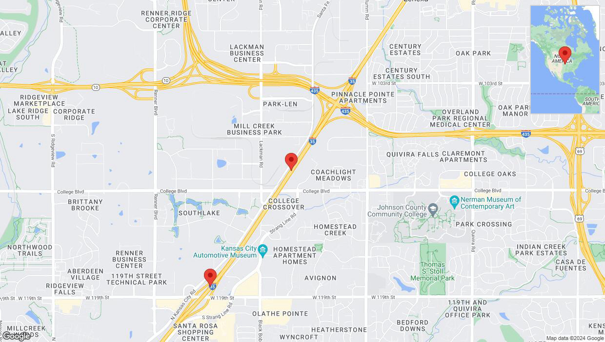 A detailed map that shows the affected road due to 'Heavy rain prompts traffic warning on westbound I-35 in Lenexa' on May 19th at 10:42 p.m.