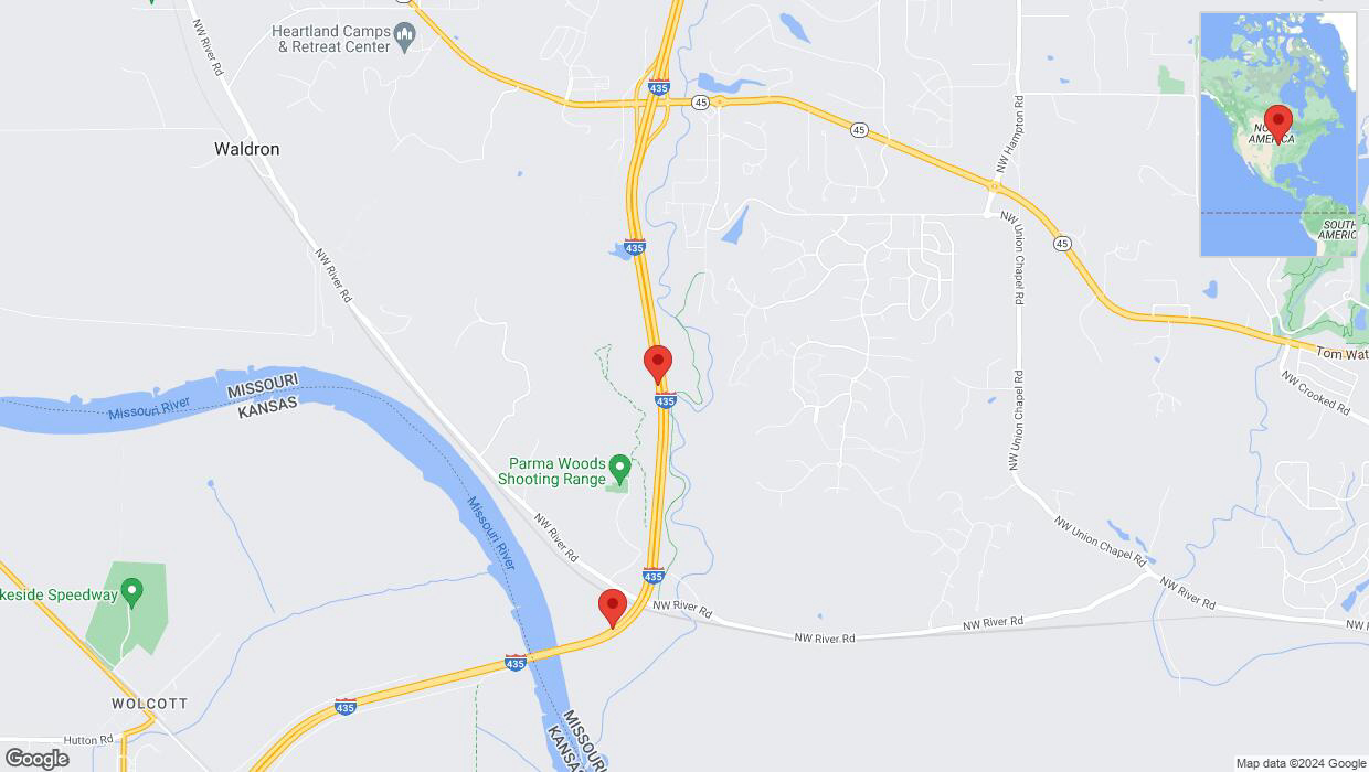 A detailed map that shows the affected road due to 'Drivers cautioned as heavy rain triggers traffic concerns on southbound I-435 in Parkville' on May 19th at 10:53 p.m.