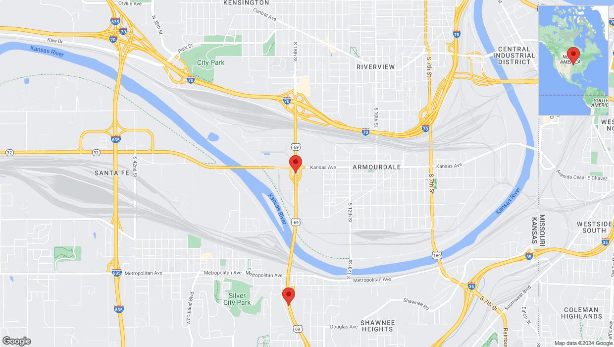 A detailed map that shows the affected road due to 'US-69 closed in Kansas City' on May 20th at 8:04 p.m.