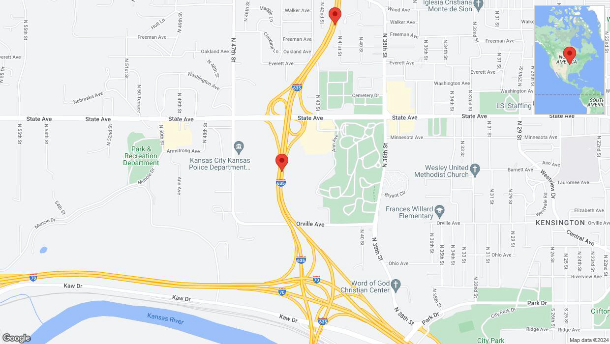 A detailed map that shows the affected road due to 'Warning in Kansas City: Crash reported on northbound I-635' on May 20th at 10:30 p.m.