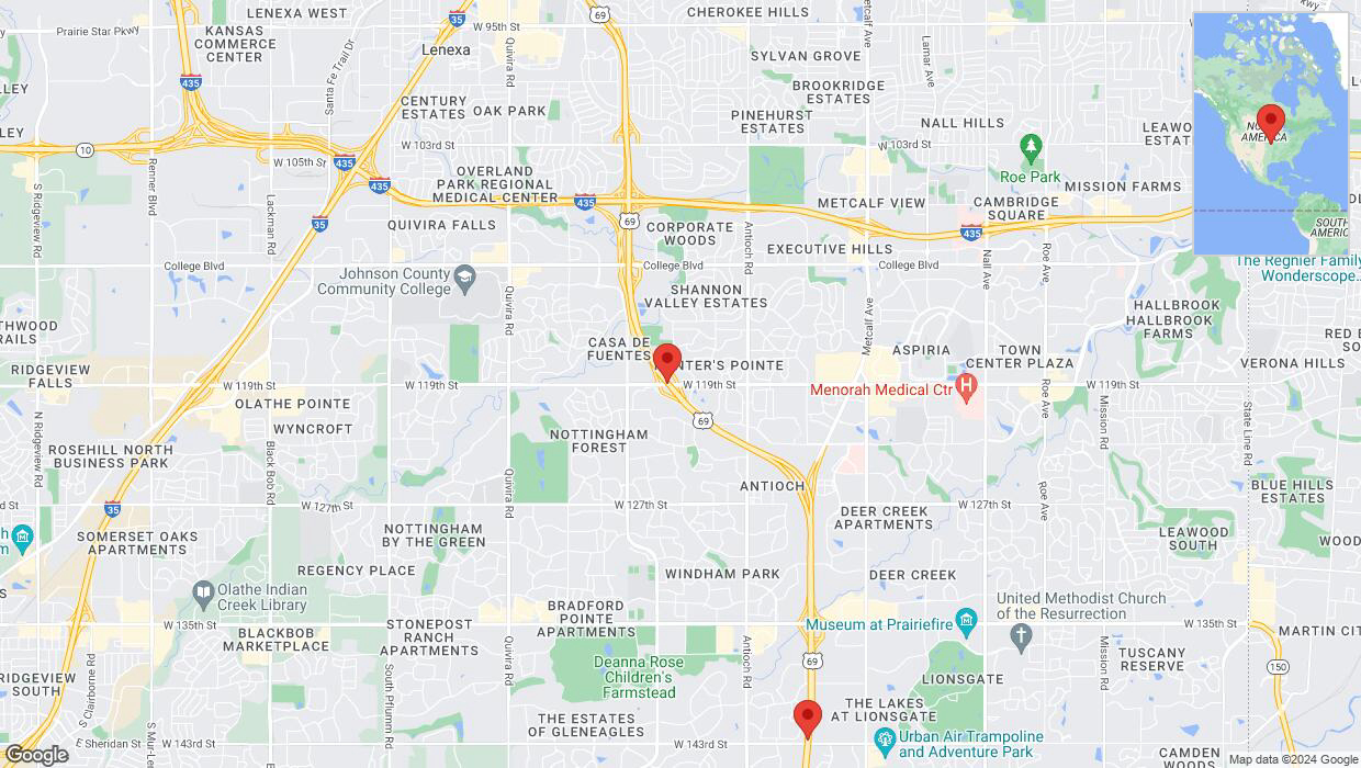 A detailed map that shows the affected road due to 'Lane on US-69 closed in Overland Park' on May 22nd at 6:52 p.m.