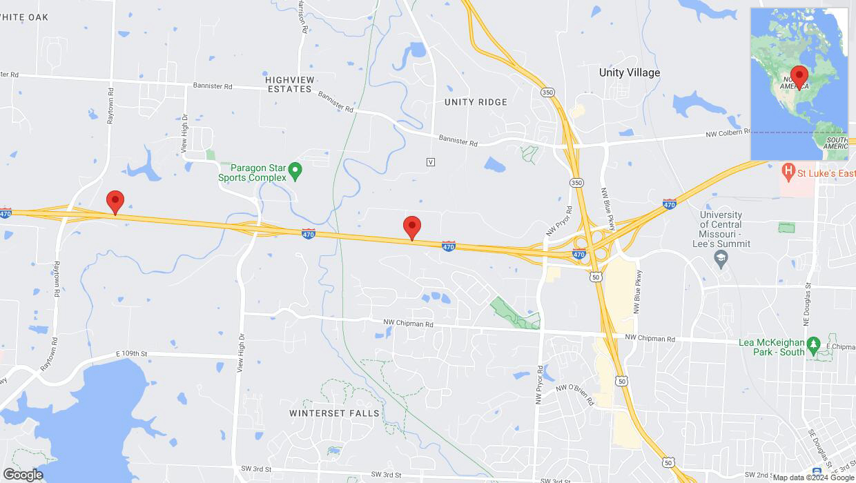 A detailed map that shows the affected road due to 'Drivers cautioned as heavy rain triggers traffic concerns on westbound I-470 in Lee's Summit' on May 21st at 4:14 p.m.